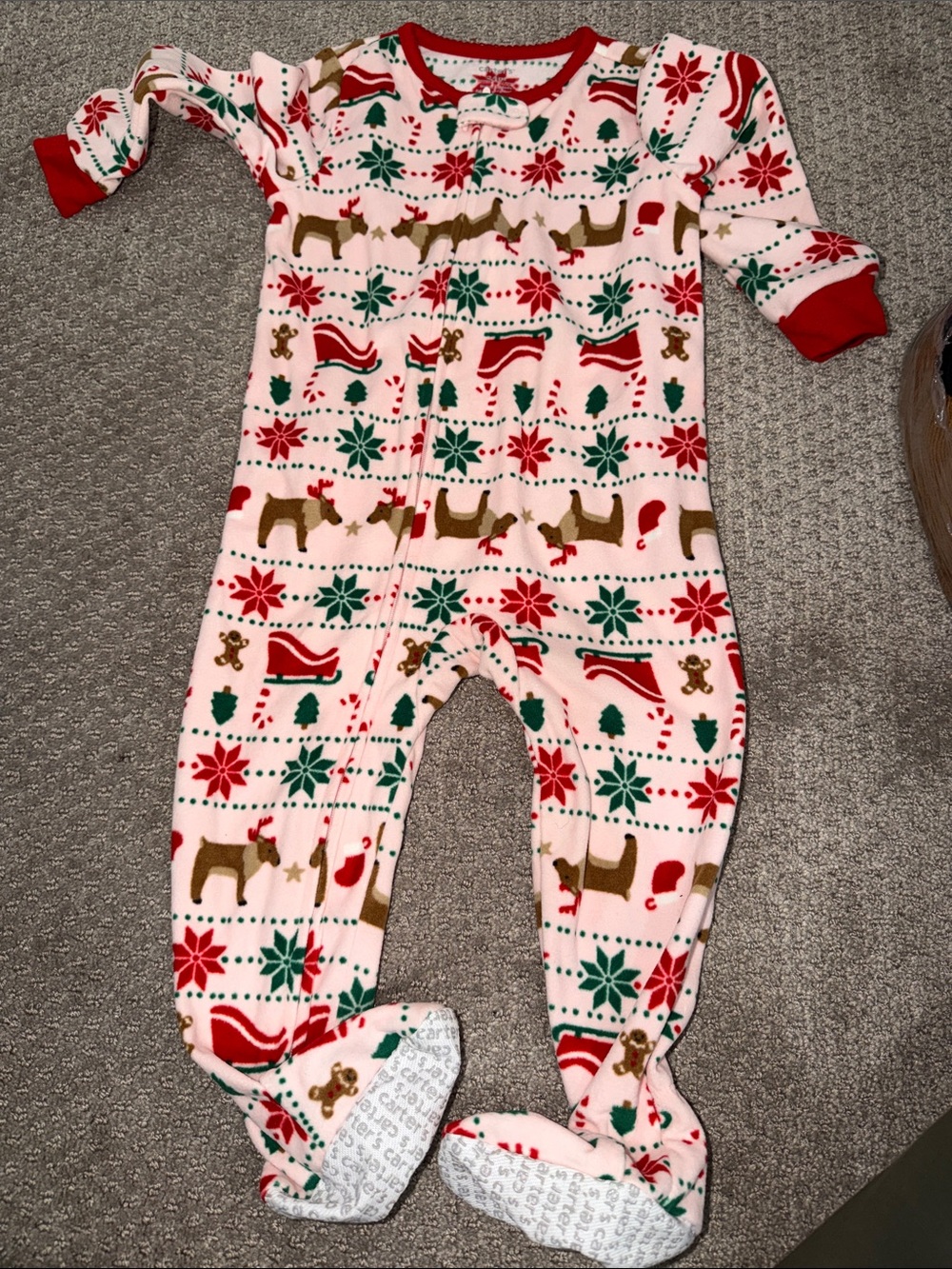 Carter's Pink Holiday Reindeer & Snowflake Footed One-Piece